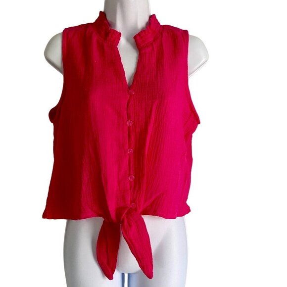 Kaktus Hot Pink Sleeveless Button Down Top With Front Tie Petite Small PS NEW - Picture 2 of 9